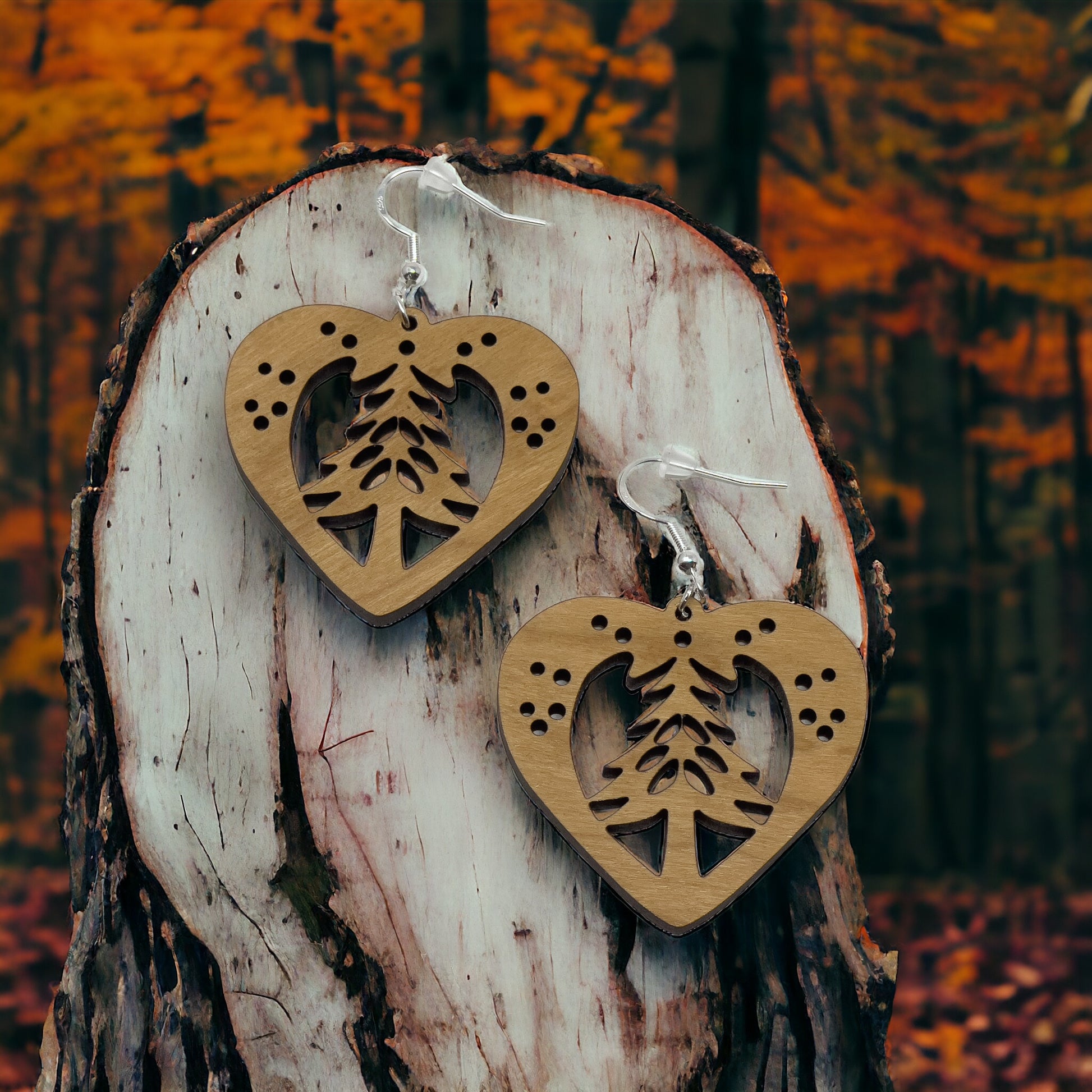 Wooden Heart - Rustic Dangle Earring with Pine Tree Design, Cute Winter Holiday Accessory, Nature-Inspired Jewelry