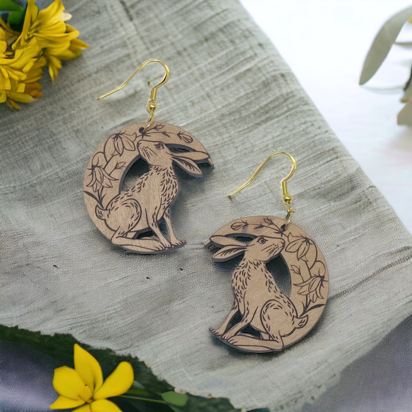 Wood Dangle Bunny & Lily Flower Easter Earrings - Boho Crescent Moon Rabbit Jewelry