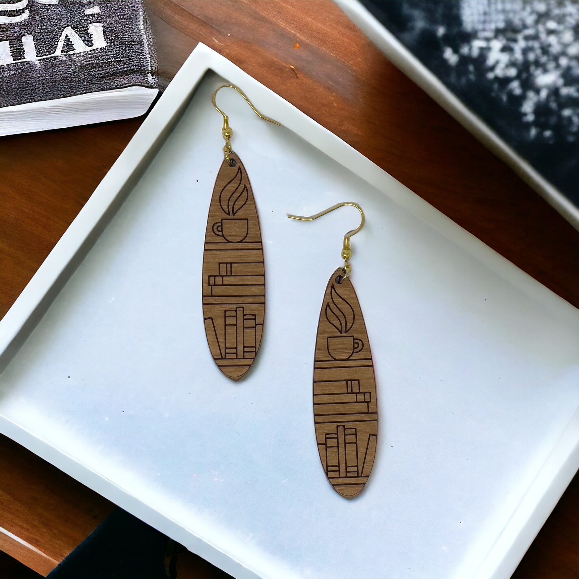 Bookshelf Wood Dangle Earrings - Cute Book Lover Gift | Boho Women's Miniature Bookcase Jewelry