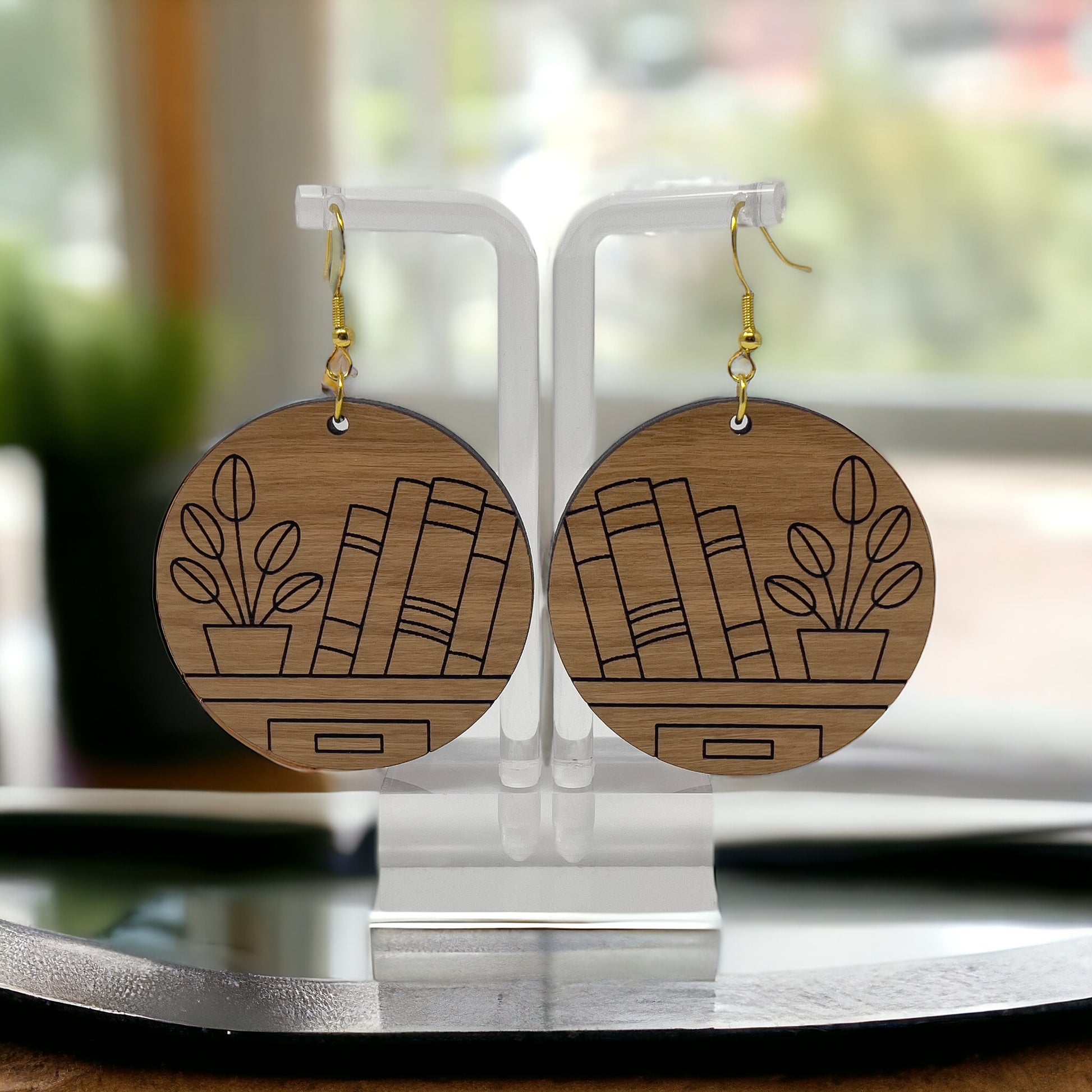 Bookshelf Wood Dangle Earrings - Cute Book Lover Gift | Boho Women's Miniature Bookcase Jewelry