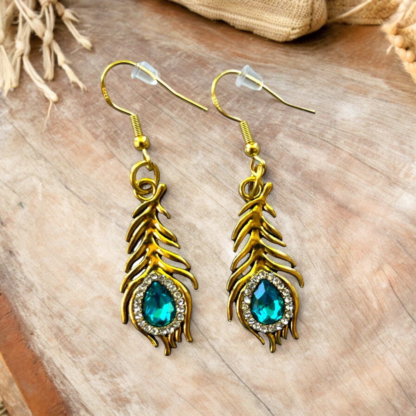 Gold Peacock Feather Dangle Earrings with Rhinestones: Elegant Eye-Catching Accessories