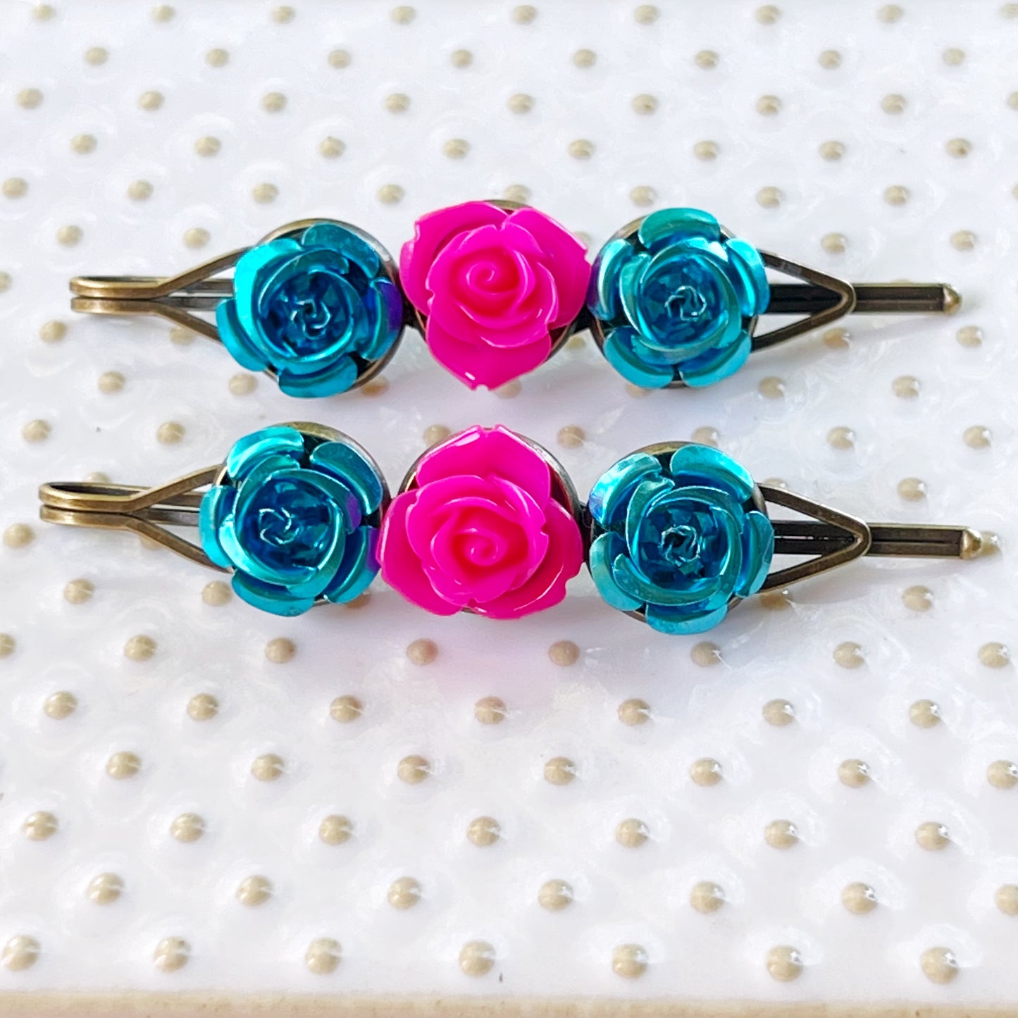 Blue & Pink Rose Floral Hair Pins - Delicate & Romantic Hair Accessories