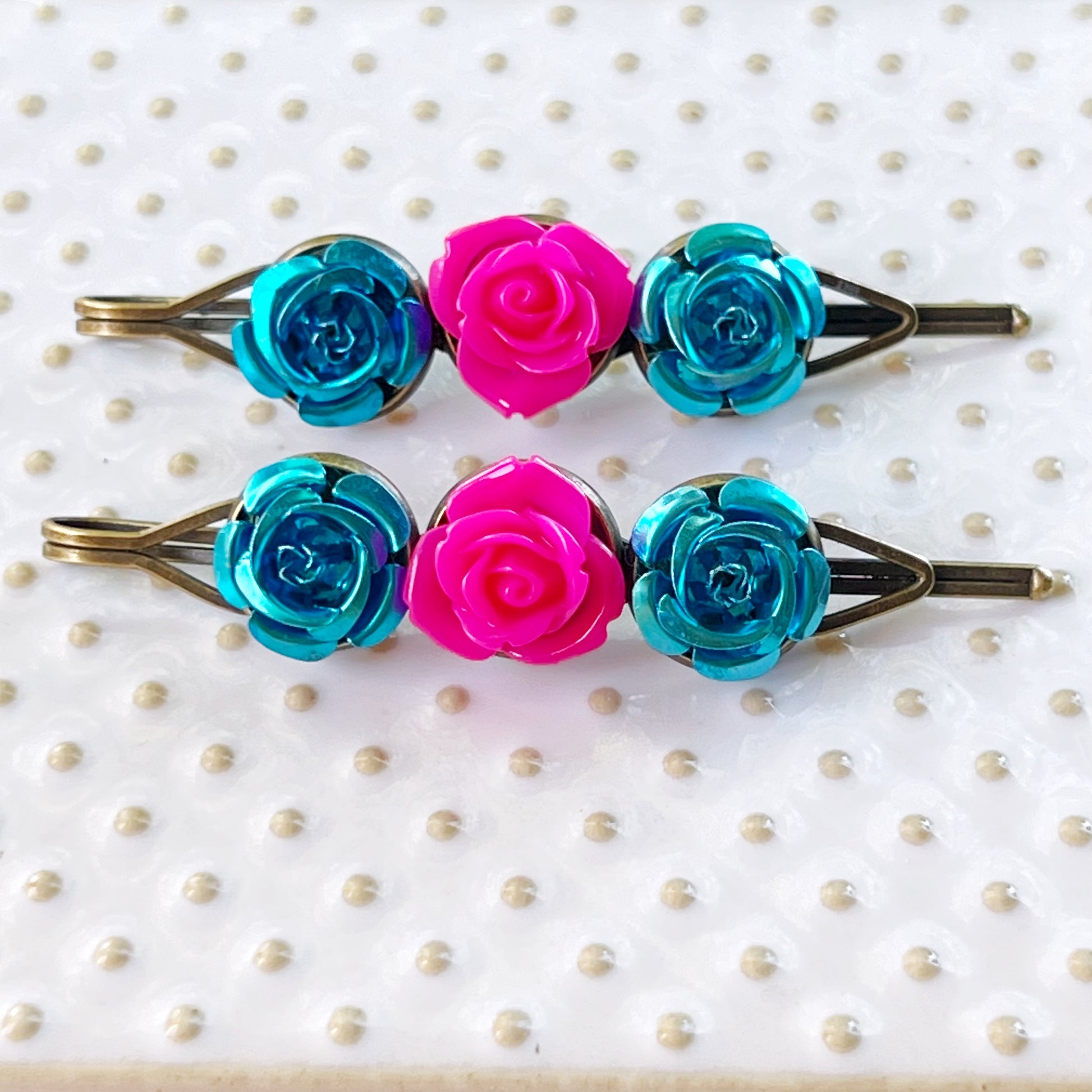 Blue & Pink Rose Floral Hair Pins - Delicate & Romantic Hair Accessories