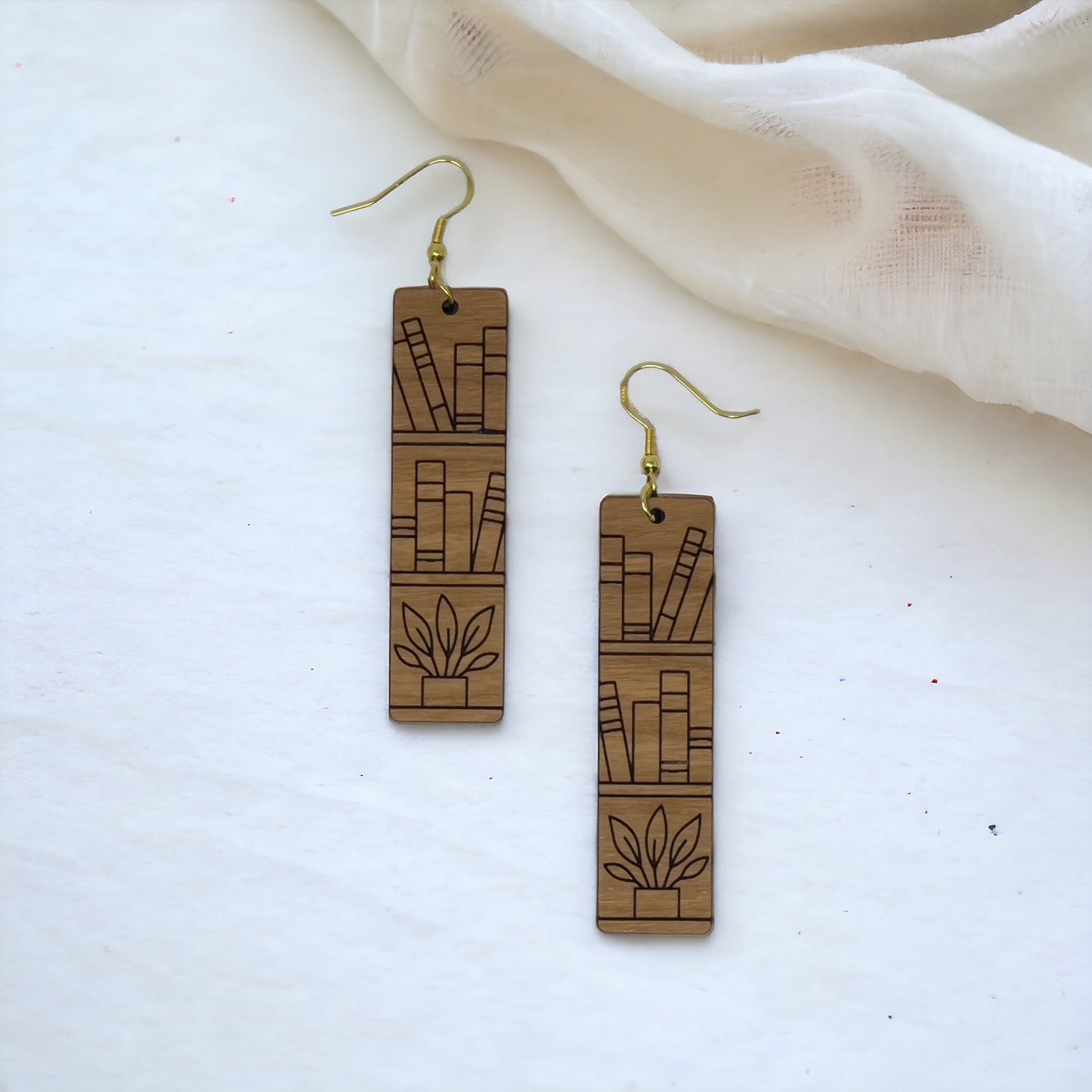 Bookshelf Wood Dangle Earrings - Cute Book Lover Gift | Boho Women's Miniature Bookcase Jewelry