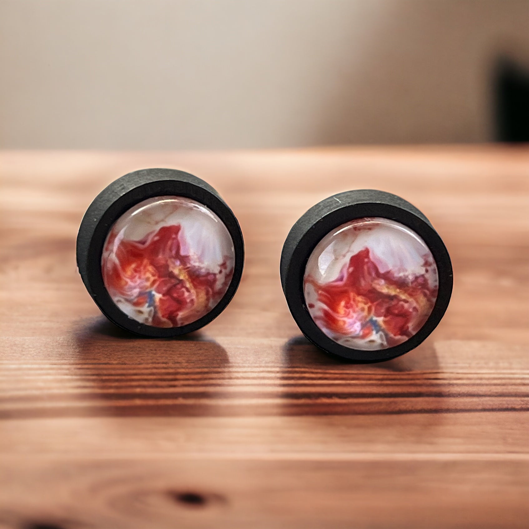 Pink Abstract Watercolor Black Wood Stud Earrings: Unique Artistic Accents for Your Look