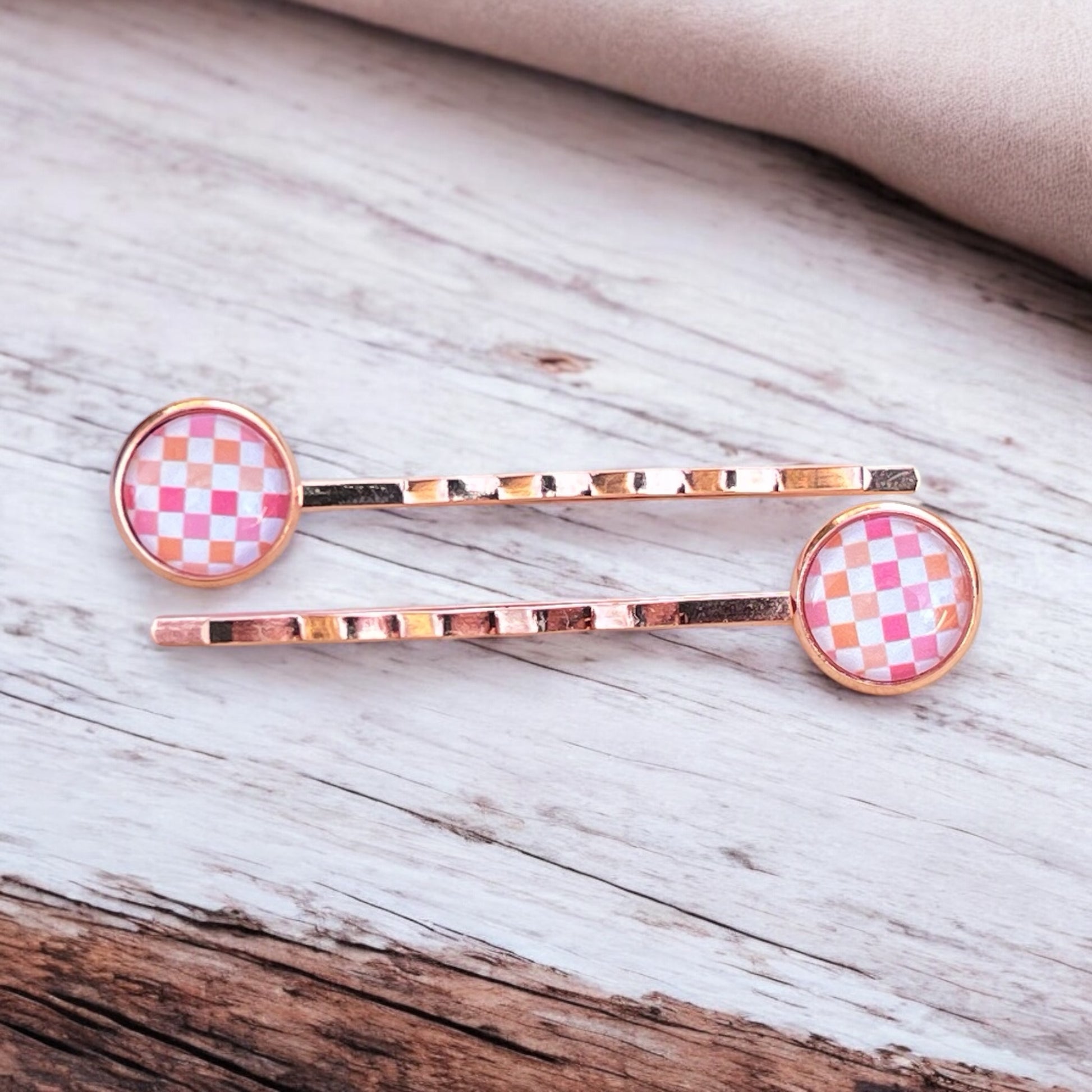 Pink & Orange Gingham Rose Gold Bobby Pins