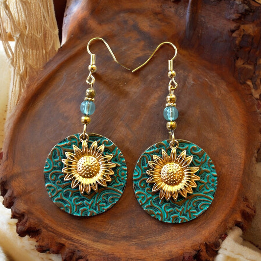 Round Patina Metal Earrings with Gold Sunflower: Unique Dangle Accessories