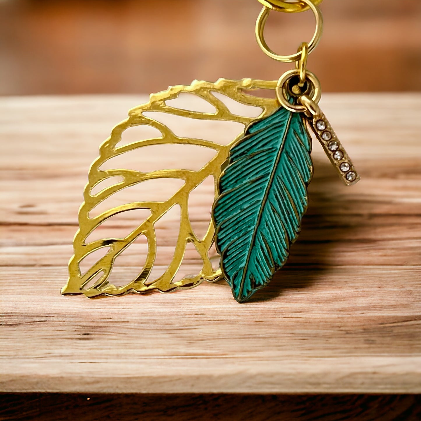 Leaf Zipper Pull Keychain Charm with Rhinestones