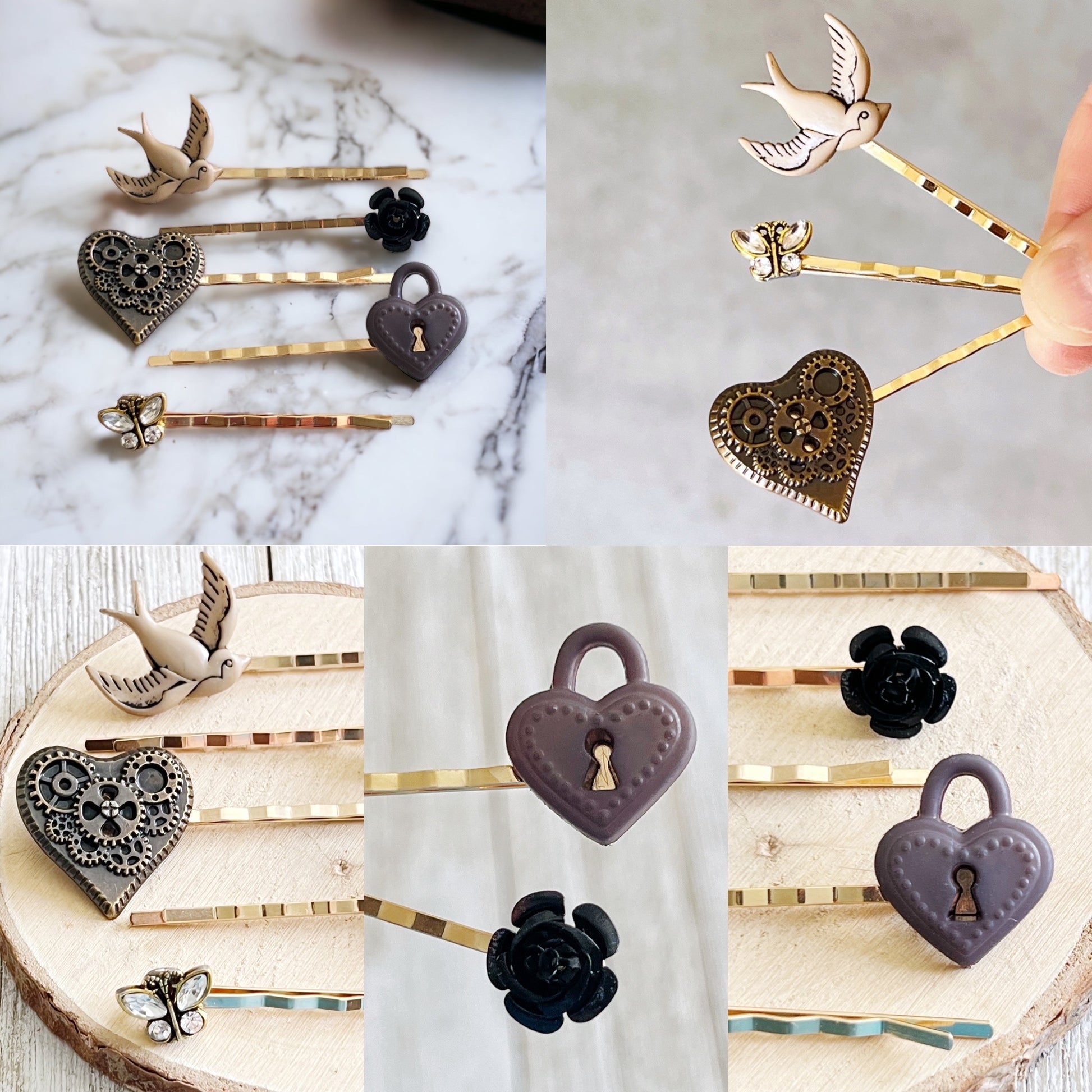 Steampunk Hair Pin Set of 5 - Gear Heart, Butterfly, Heart Lock, Bird, Flower Designs for Unique Hairstyles