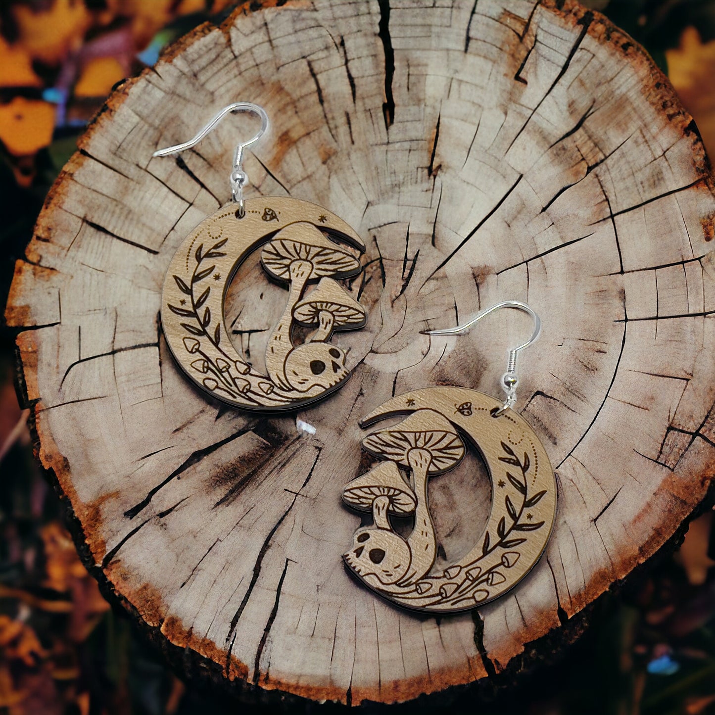 Mushroom Earrings, Rustic Dangle Earrings, Boho Skull Earrings, Cute Nature Earrings, Gothic Wooden Earrings, Country Western Hippie Jewelry