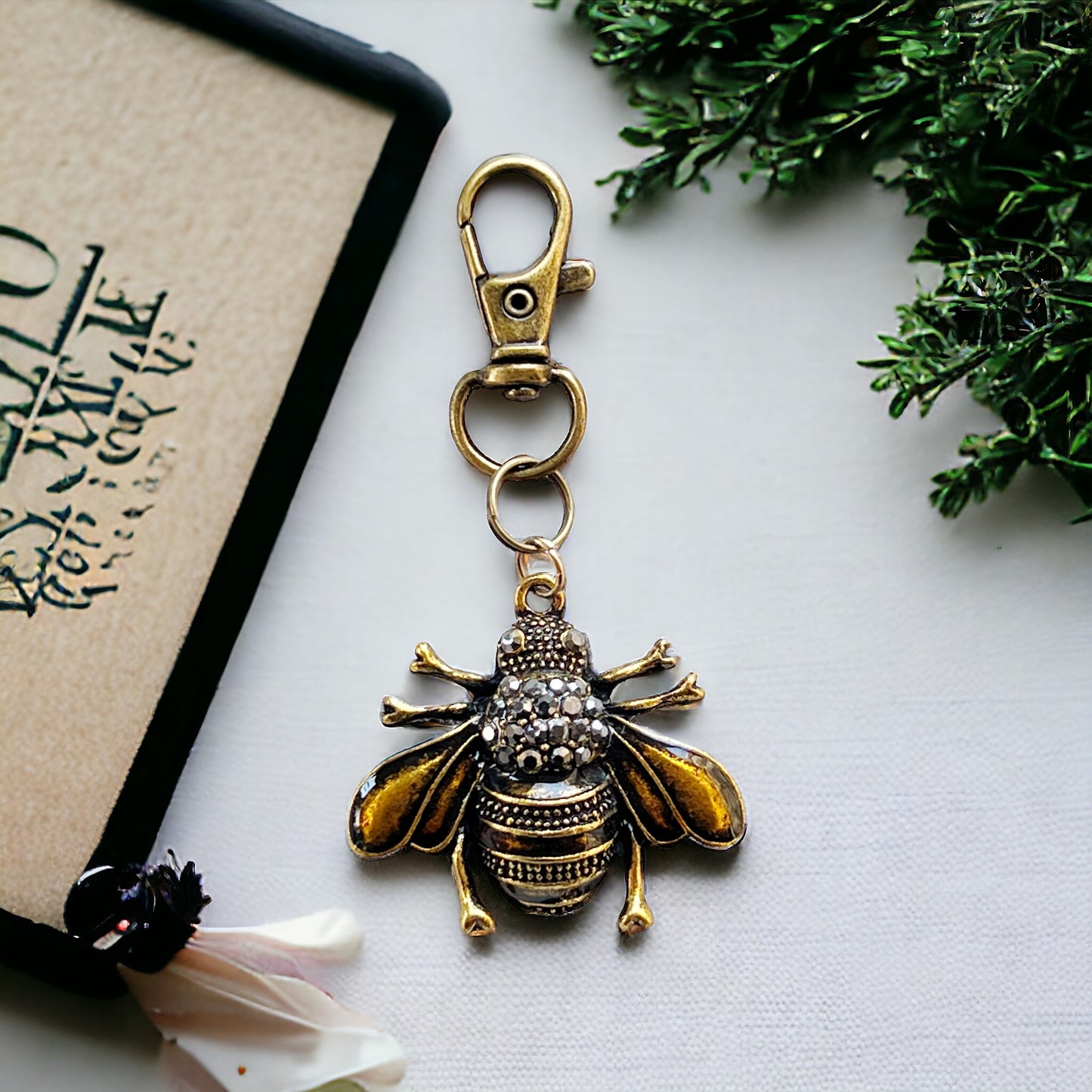 Gothic Bee Zipper Pull Keychain Purse Charm - Rhinestone Embellished Accessory