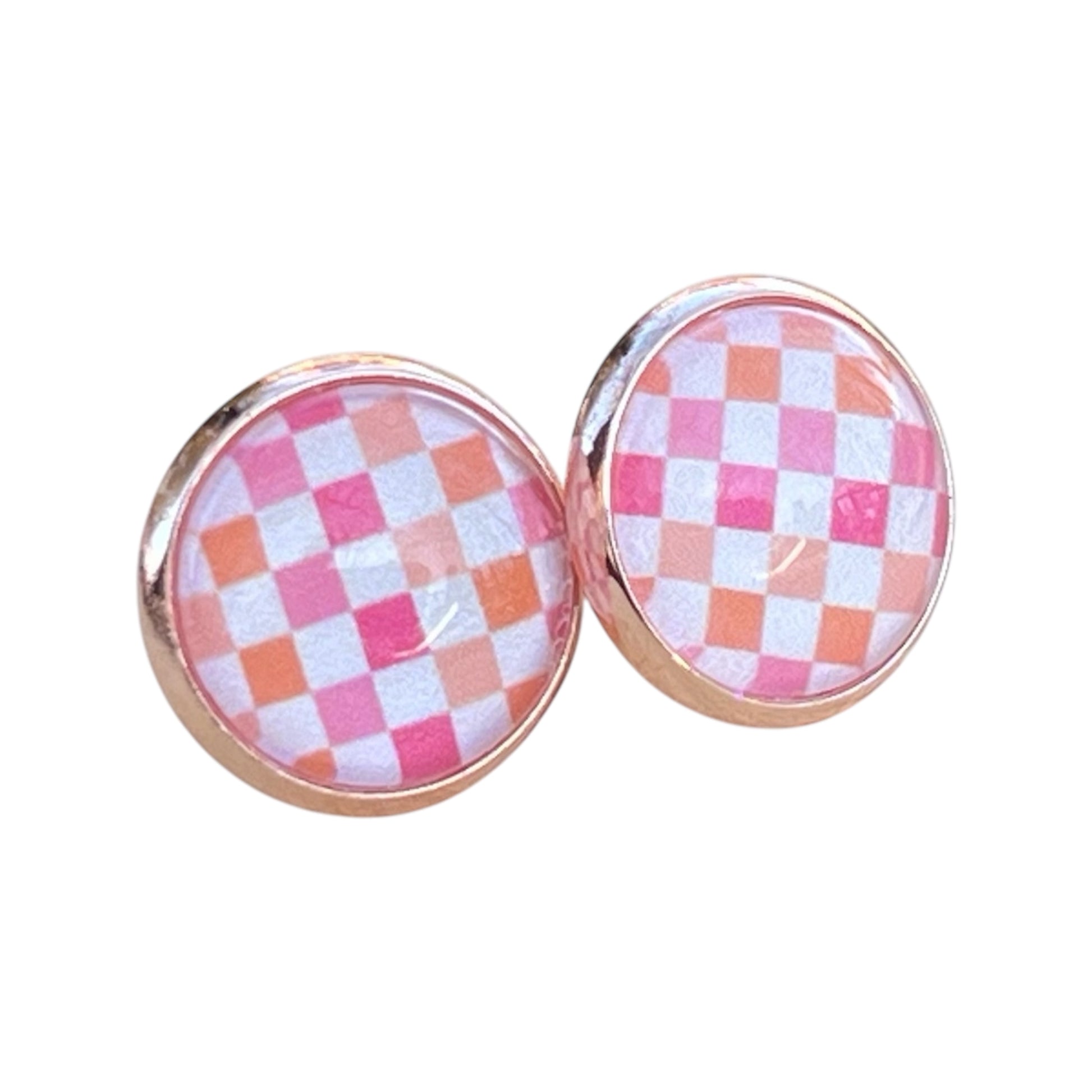 Pink & Orange Gingham Earrings - Rose Gold