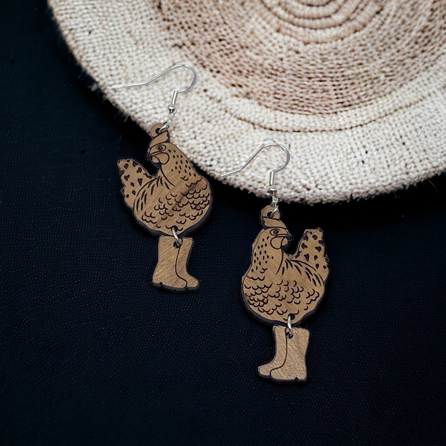 Chic Chicken in Boots Wood Earrings: Handmade Rustic Jewelry for Animal Lovers