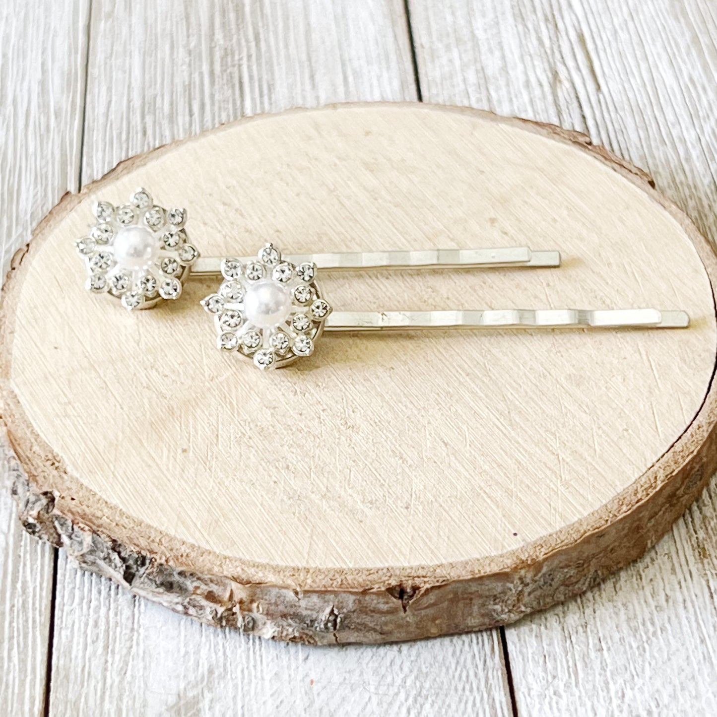 Silver Rhinestone and Pearl Snowflake Hair Pin