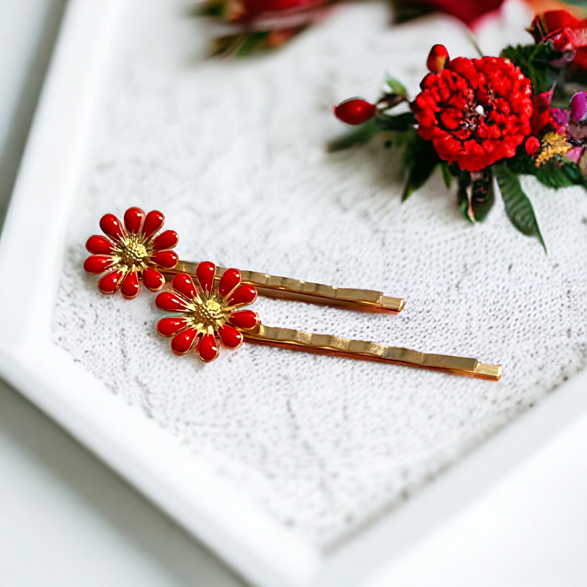 Decorative Red Enamel Wildflower Hair Pins - Delicate Floral Accessories