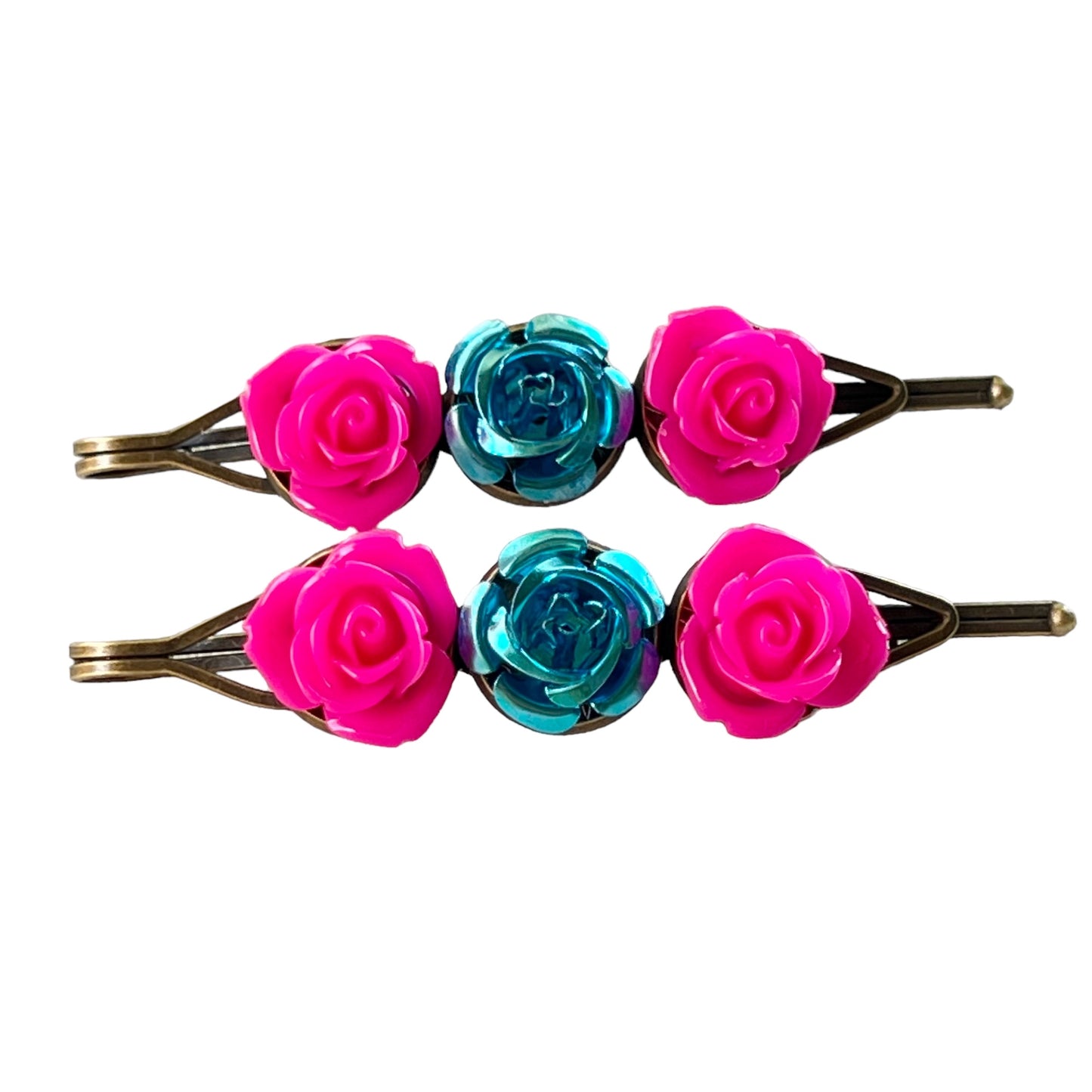 Pink & Blue Rose Floral Hair Pins - Delicate & Romantic Hair Accessories