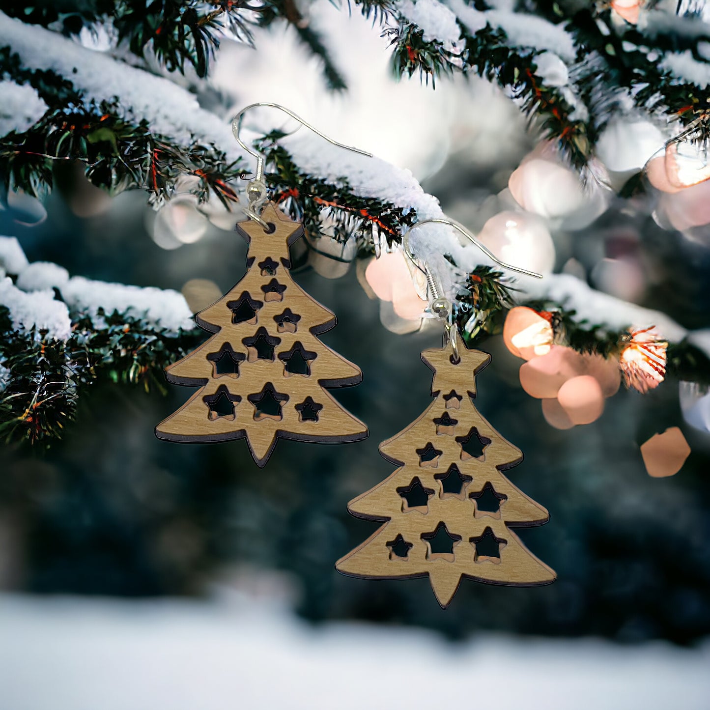 Tree & Star Earrings - Rustic Wood Dangle Earrings with a Whimsical Boho Touch, Cute Winter Holiday Accessories | Nature-Inspired Jewelry