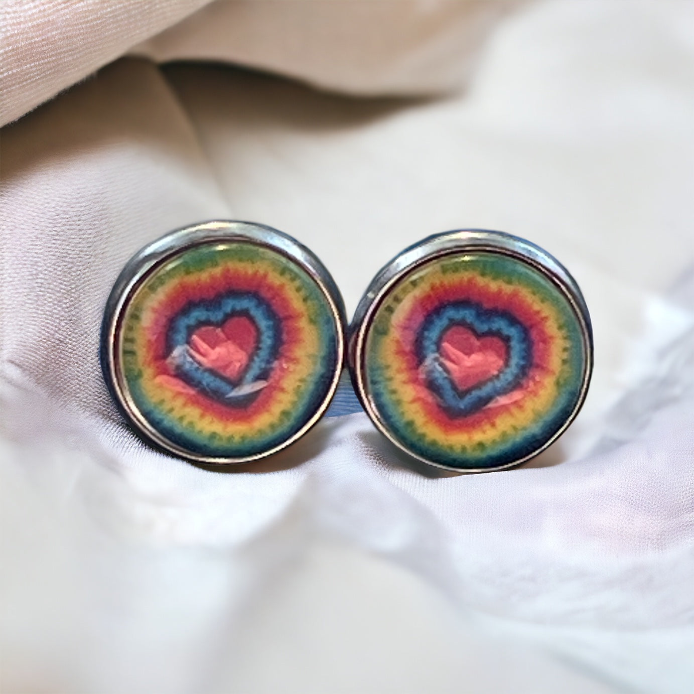 Tie-Dye Heart Silver Stud Earrings: Boho Hippie Chic for Vibrant Style