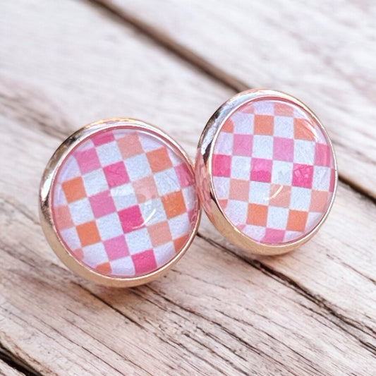 Pink & Orange Gingham Earrings - Rose Gold