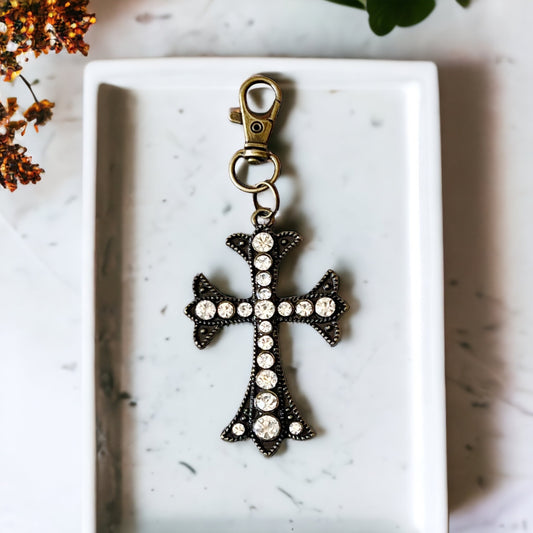 Ornate Brass Cross Rhinestone Western Zipper Handbag Keychain Charm - Stylish & Elegant Accessory