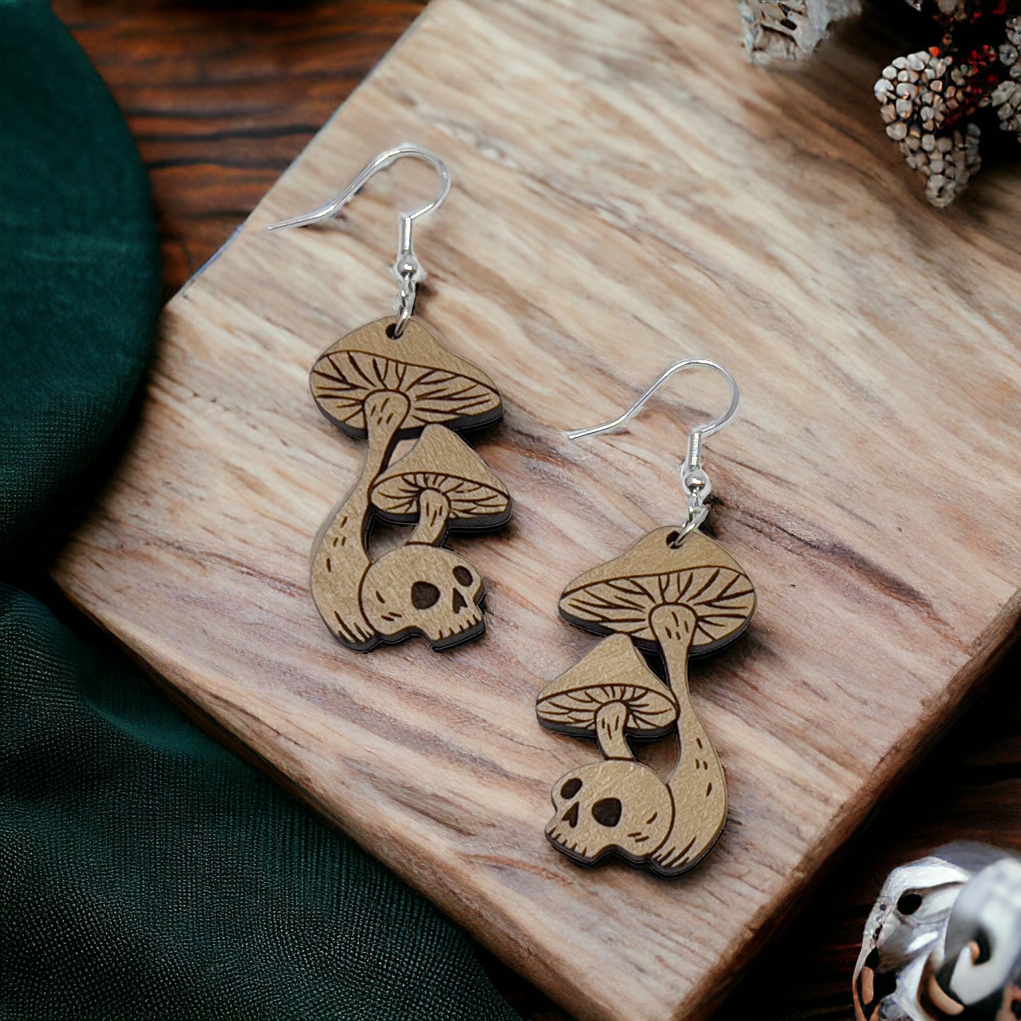 Mushroom Earrings, Rustic Dangle Earrings, Boho Skull Earrings, Cute Nature Earrings, Gothic Wooden Earrings, Country Western Hippie Jewelry