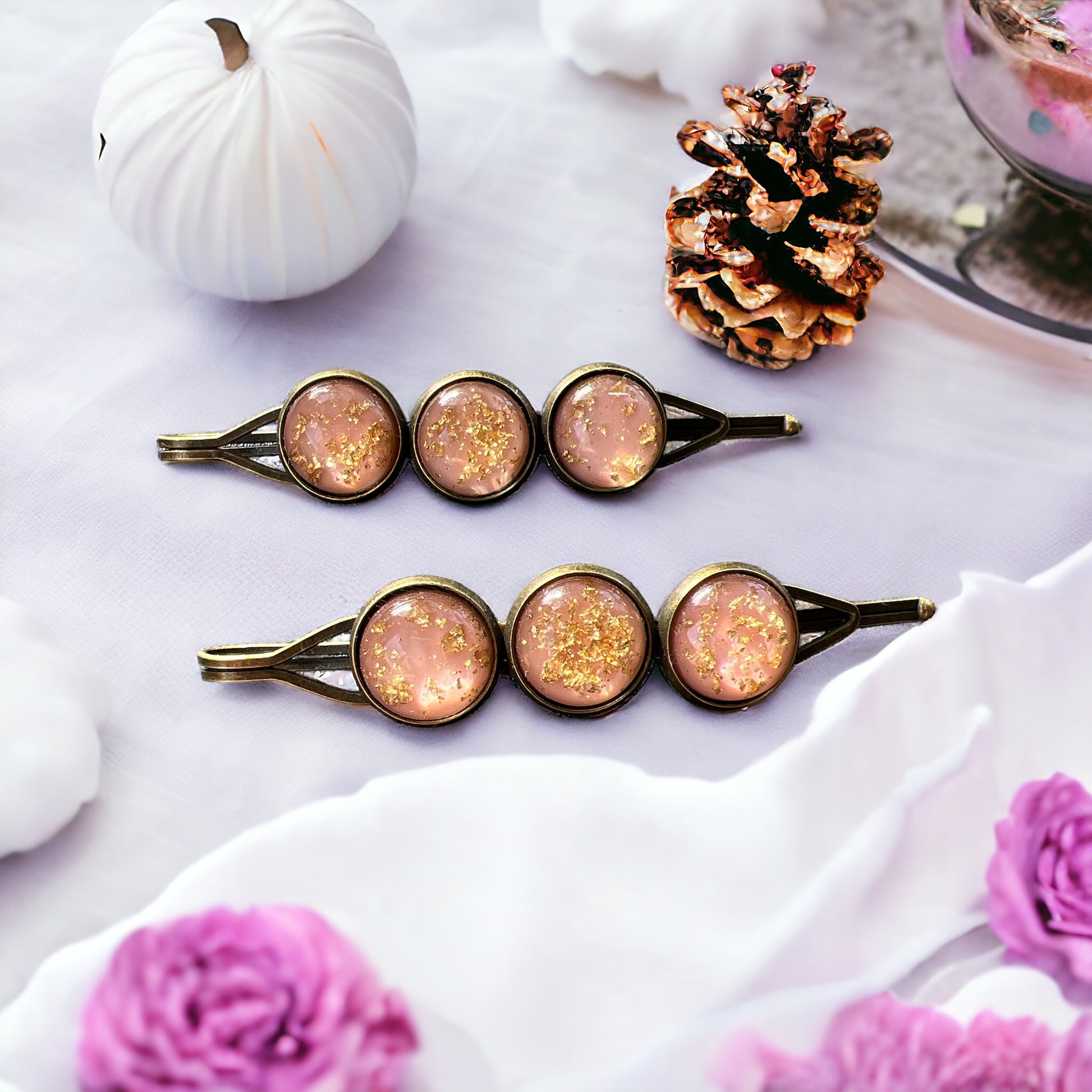 Peach Gold Flake Glitter Hair Pins - Sparkling & Elegant Accessories