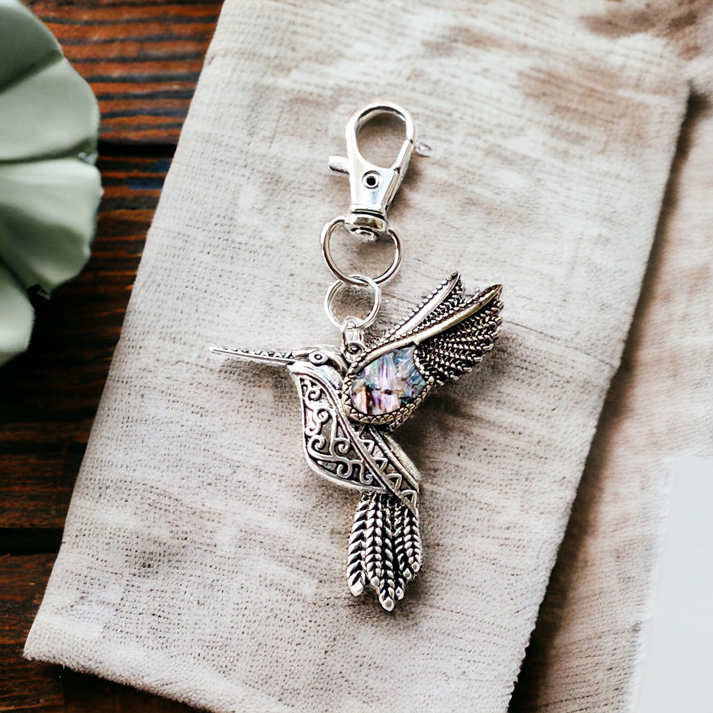 Silver Hummingbird Zipper Pull Keychain Purse Charm with Natural Abalone - Stylish Accessory