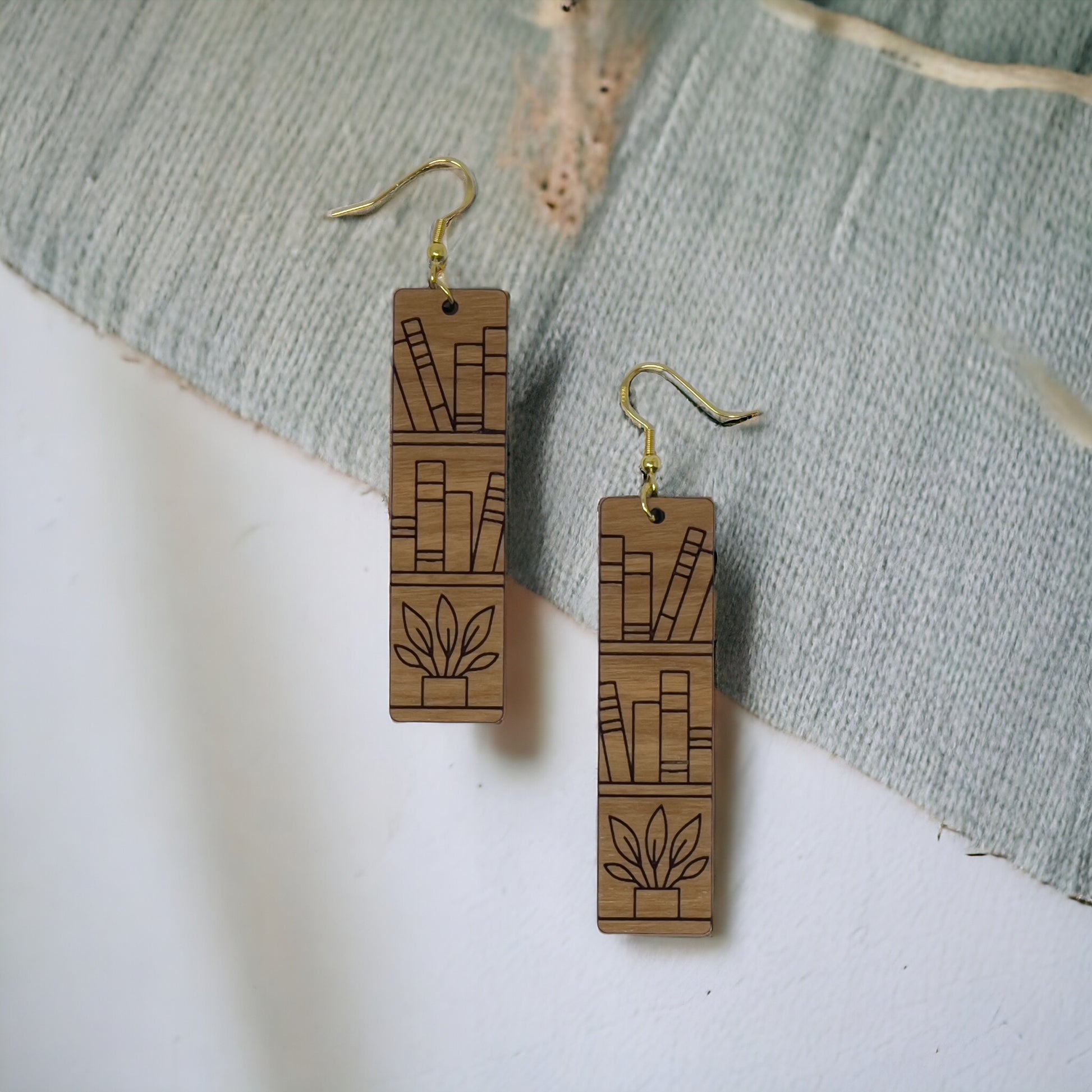 Bookshelf Wood Dangle Earrings - Cute Book Lover Gift | Boho Women's Miniature Bookcase Jewelry