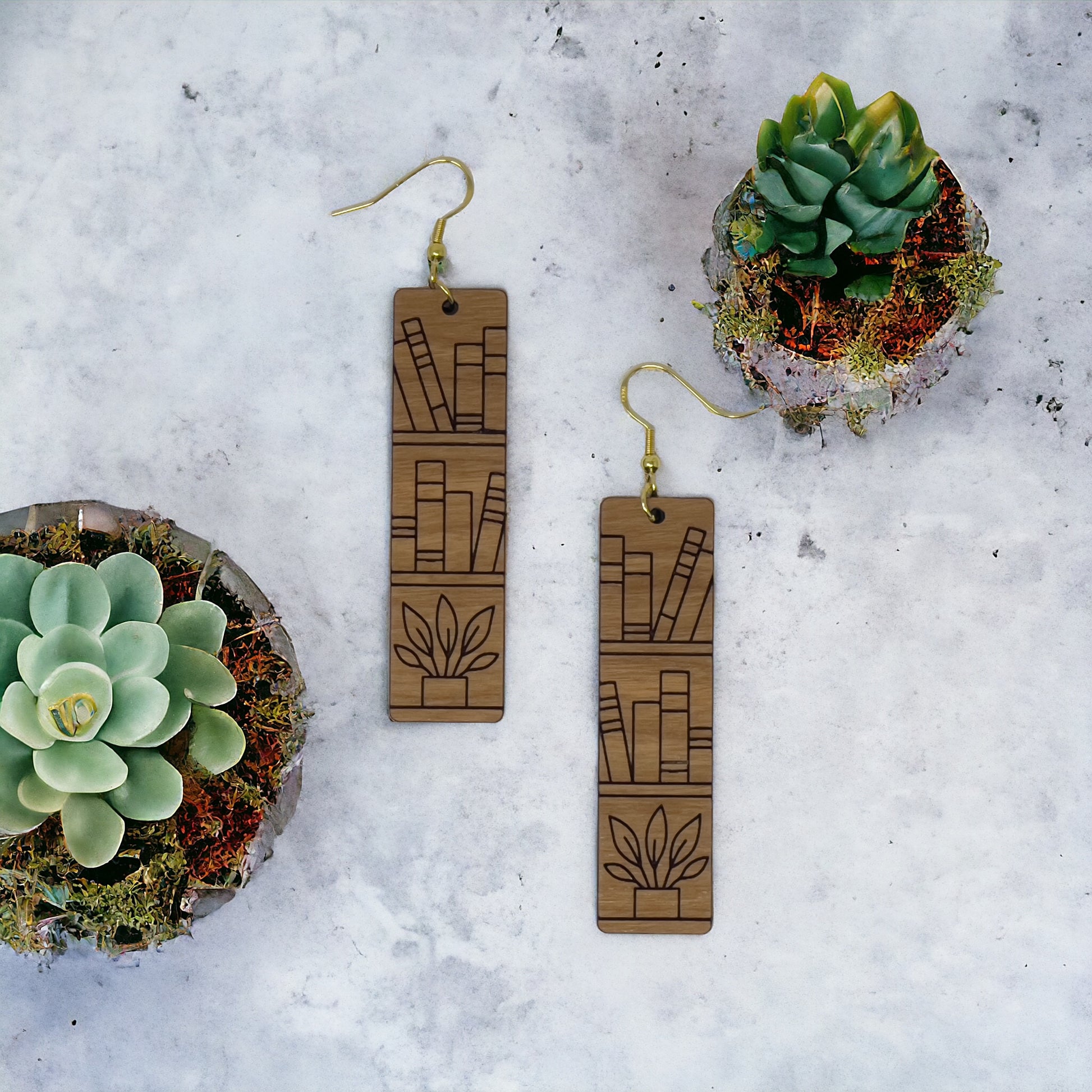 Bookshelf Wood Dangle Earrings - Cute Book Lover Gift | Boho Women's Miniature Bookcase Jewelry