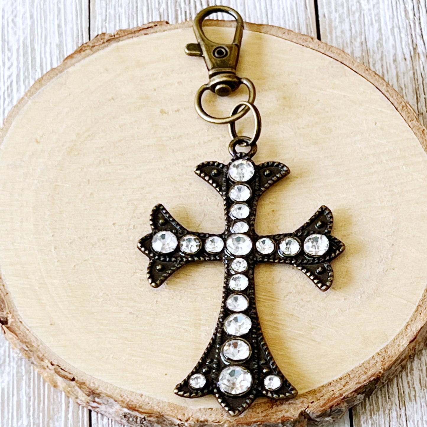 Ornate Brass Cross Rhinestone Western Zipper Handbag Keychain Charm - Stylish & Elegant Accessory