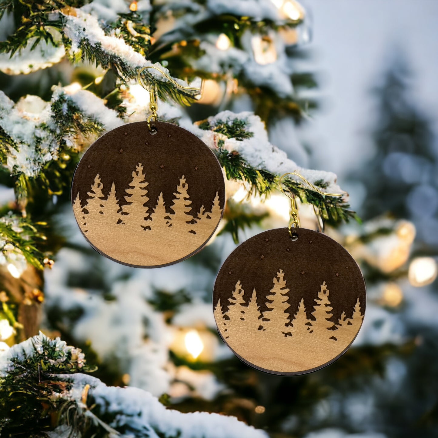 Pine Trees Mountain Earrings, Cute Holiday Christmas Dangle Earrings, Round Wood Earrings, Country Xmas Jewelry, Snowy Forest Nature Gifts