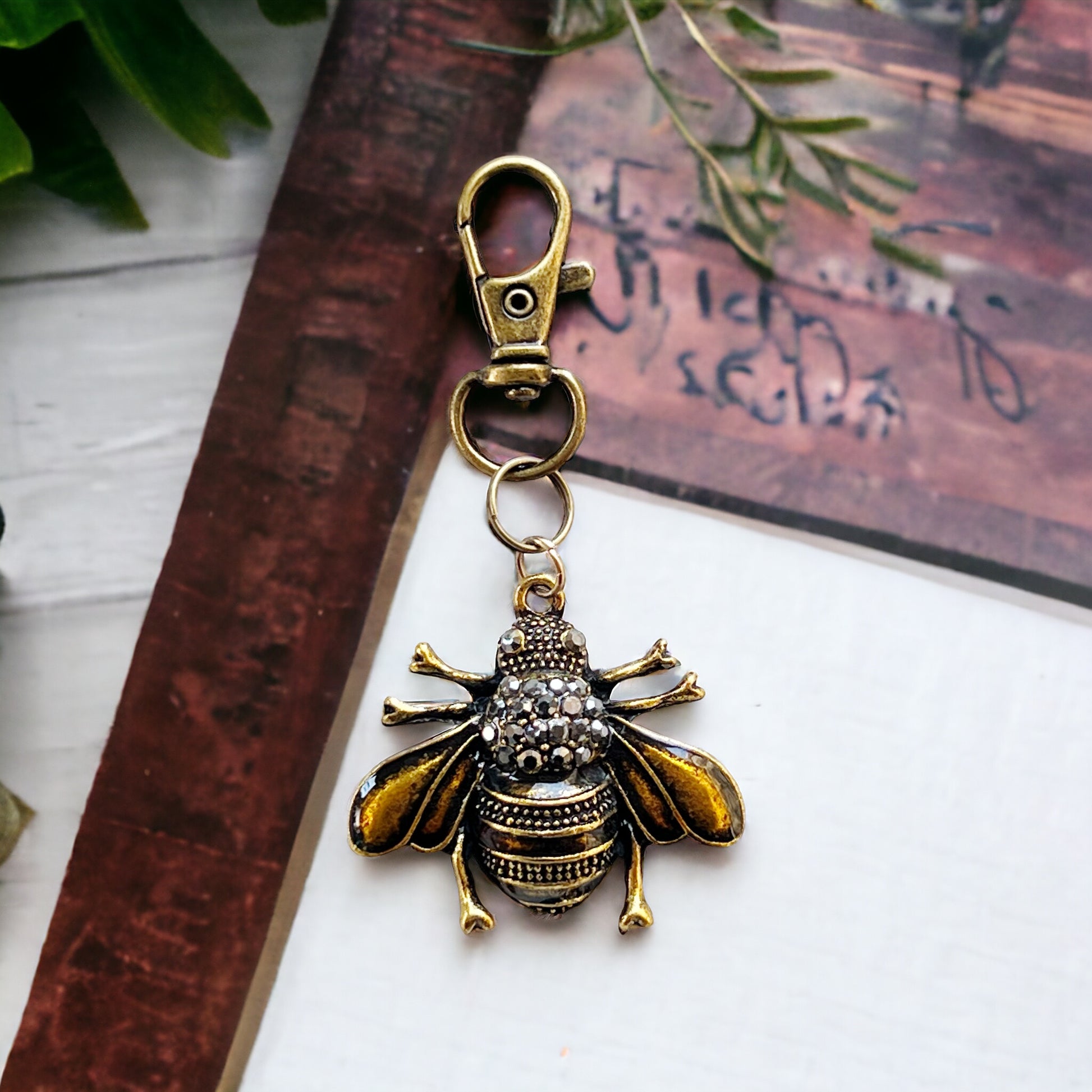 Gothic Bee Zipper Pull Keychain Purse Charm - Rhinestone Embellished Accessory