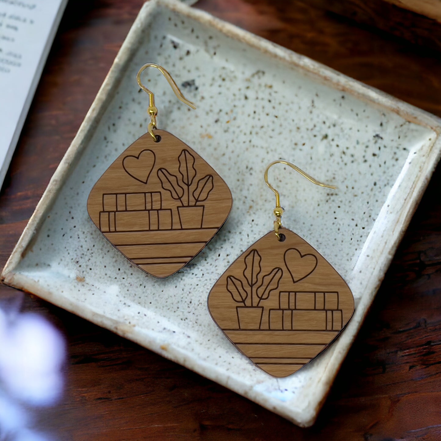 Bookshelf Wood Dangle Earrings - Cute Book Lover Gift | Boho Women's Miniature Bookcase Jewelry