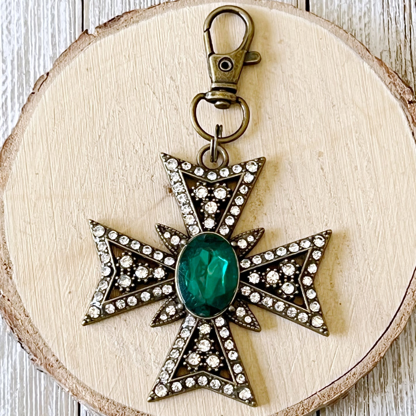 Ornate Brass Cross Boho Western Zipper Handbag Charm with Rhinestone Accents - Stylish and Unique Accessory for Your Handbag