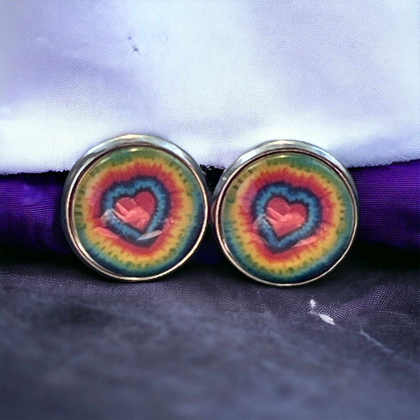 Tie-Dye Heart Silver Stud Earrings: Boho Hippie Chic for Vibrant Style