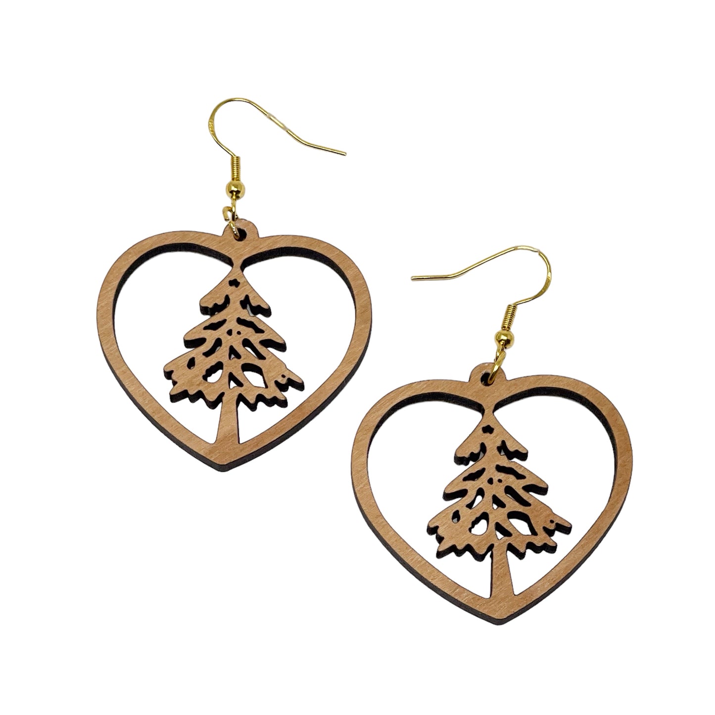 Wooden Heart - Rustic Dangle Earring with Pine Tree Design, Cute Winter Holiday Accessory, Nature-Inspired Jewelry