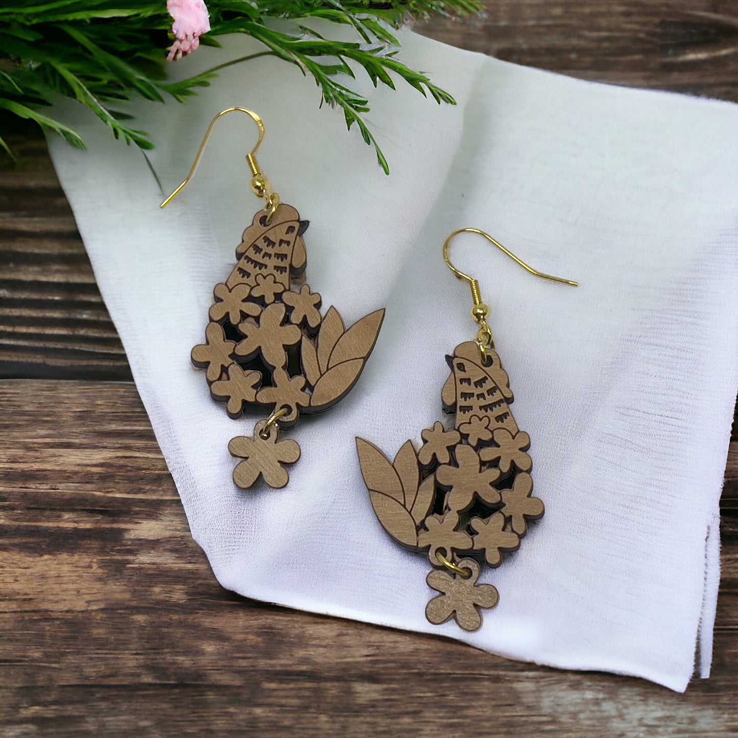 Chic Chick & Floral Wood Earrings: Handmade Rustic Jewelry for Nature Lovers