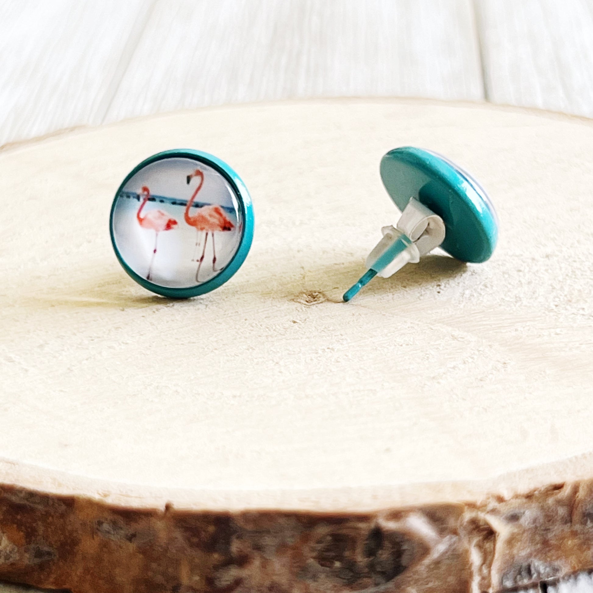 Pink Flamingo Blue Stud Earrings - Fun & Playful Accessories