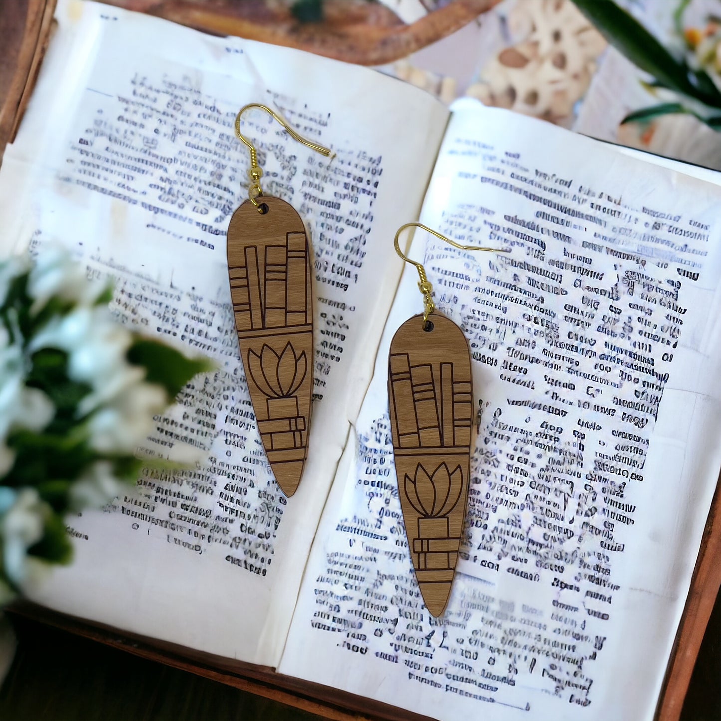 Bookshelf Wood Dangle Earrings - Cute Book Lover Gift | Boho Women's Miniature Bookcase Jewelry