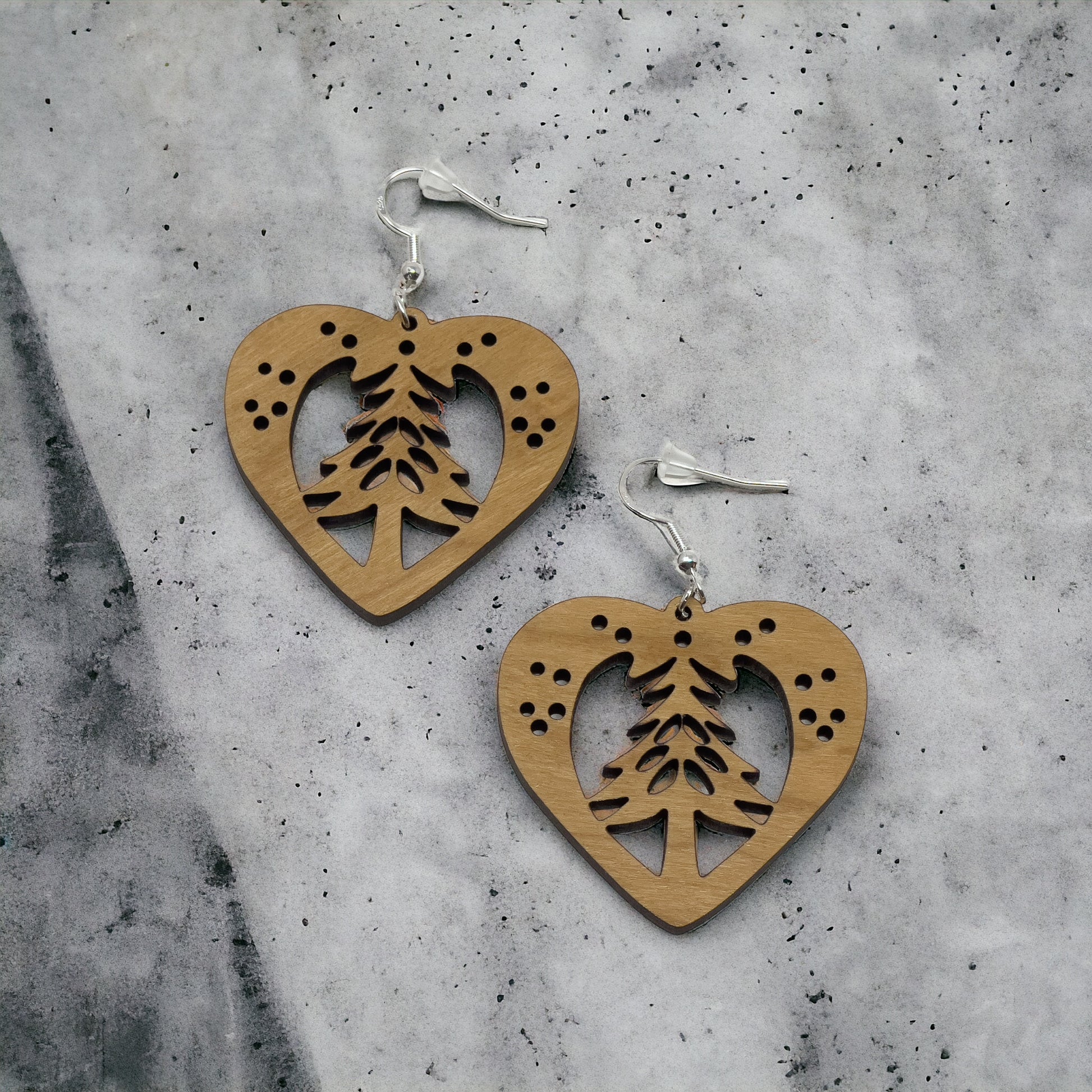 Wooden Heart - Rustic Dangle Earring with Pine Tree Design, Cute Winter Holiday Accessory, Nature-Inspired Jewelry