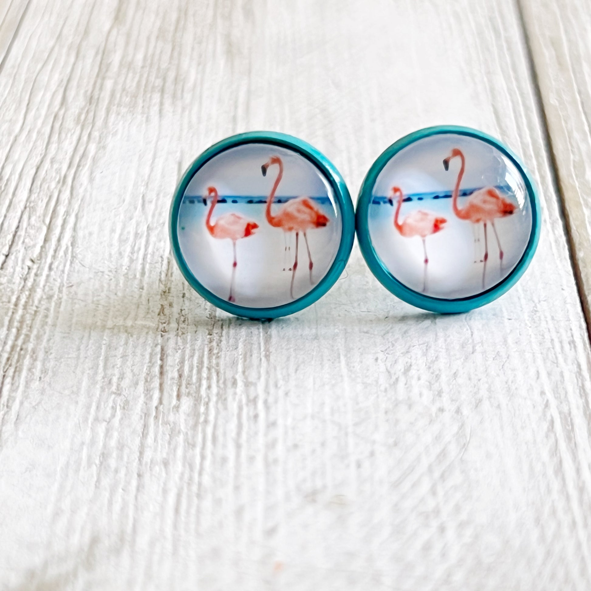 Pink Flamingo Blue Stud Earrings - Fun & Playful Accessories