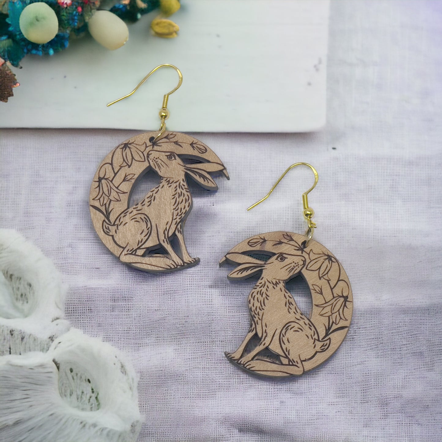 Wood Dangle Bunny & Lily Flower Easter Earrings - Boho Crescent Moon Rabbit Jewelry