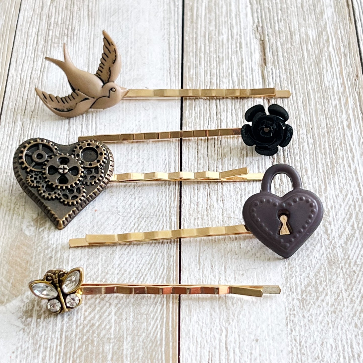 Steampunk Hair Pin Set of 5 - Gear Heart, Butterfly, Heart Lock, Bird, Flower Designs for Unique Hairstyles