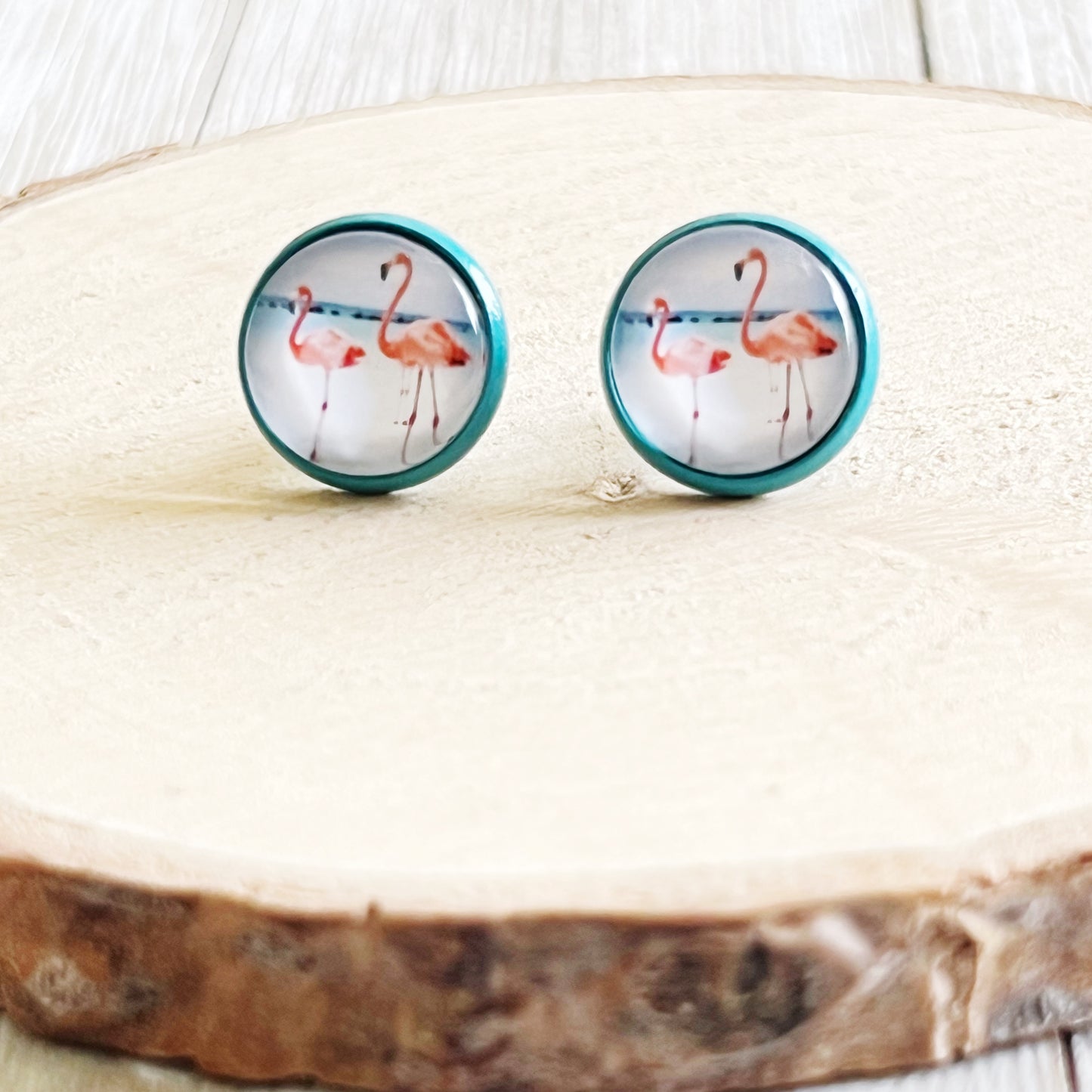 Pink Flamingo Blue Stud Earrings - Fun & Playful Accessories