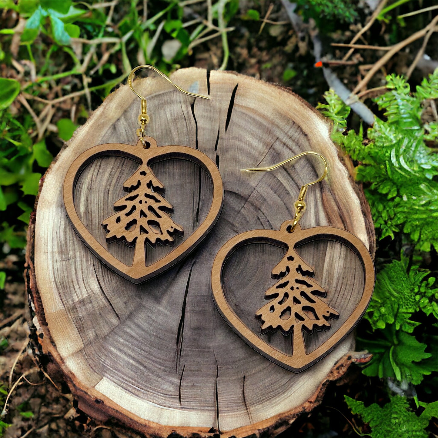 Wooden Heart - Rustic Dangle Earring with Pine Tree Design, Cute Winter Holiday Accessory, Nature-Inspired Jewelry