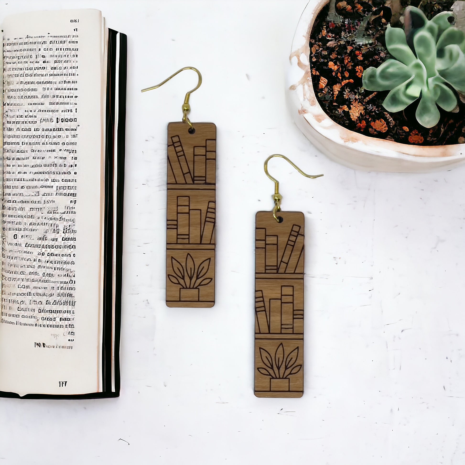 Bookshelf Wood Dangle Earrings - Cute Book Lover Gift | Boho Women's Miniature Bookcase Jewelry