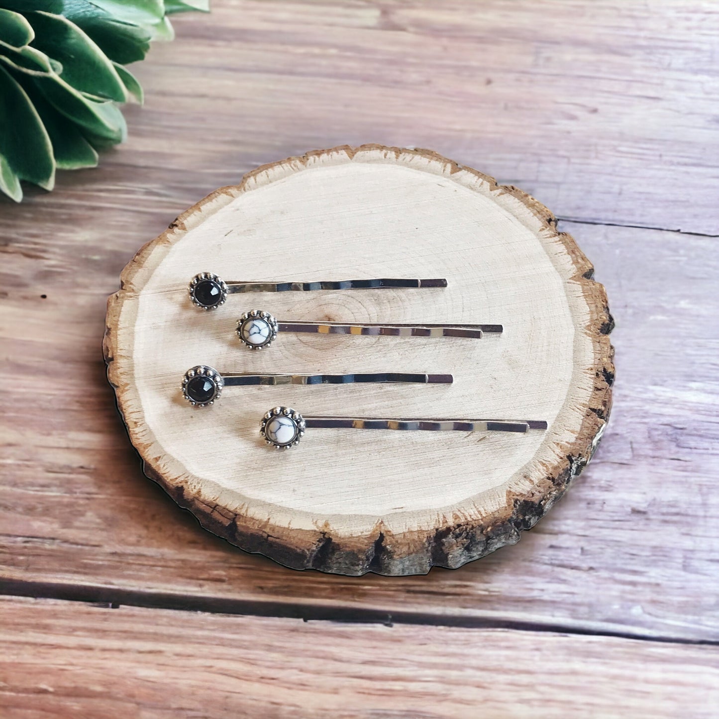 Boho Black & White Gemstone Hair Pins - Set of 4 Stylish Bobby Pins