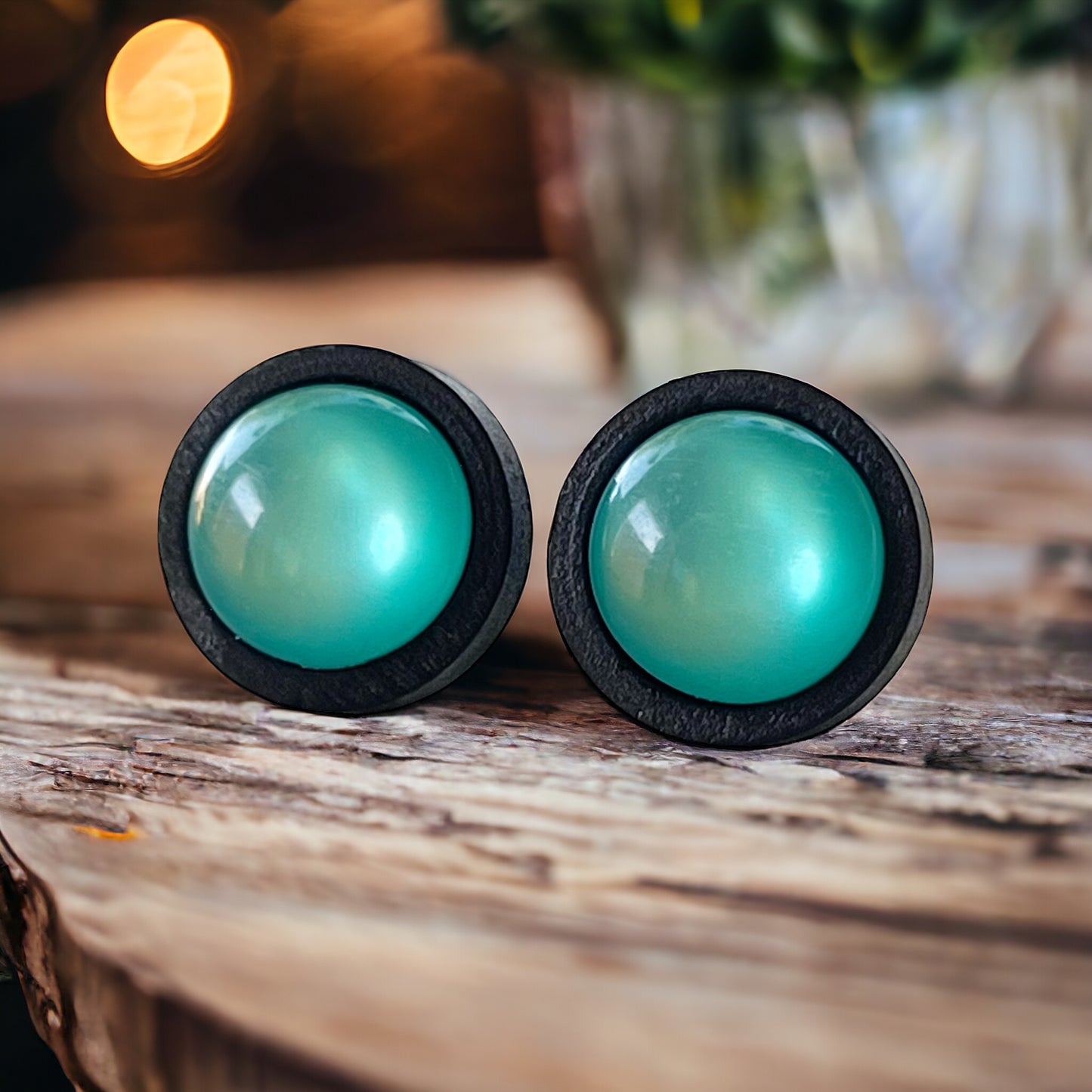 Natural Black Wood Blue Glass Stainless Steel Unisex Stud Earrings