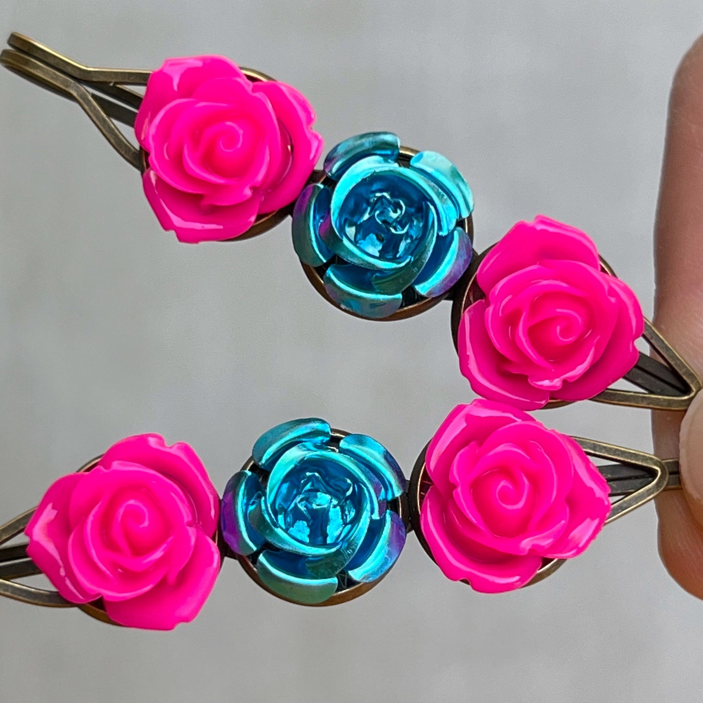 Pink & Blue Rose Floral Hair Pins - Delicate & Romantic Hair Accessories