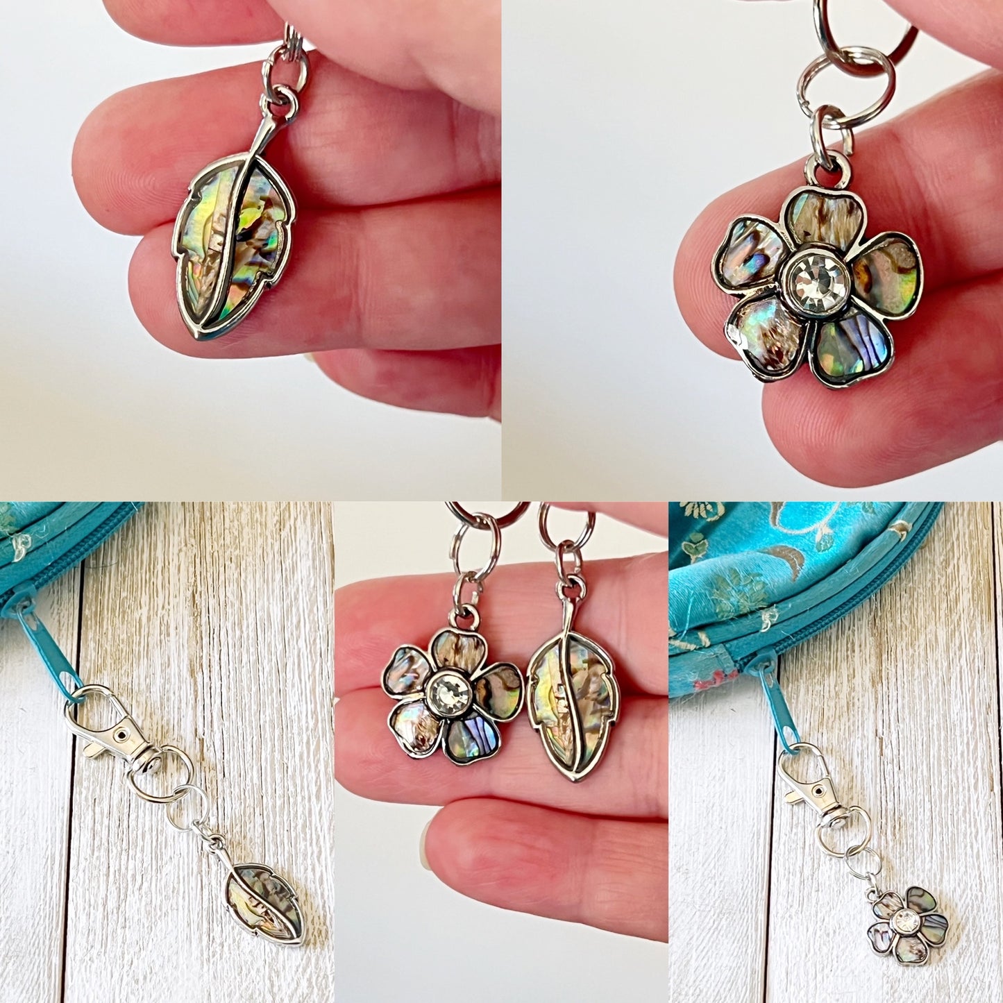 Flower and Leaf Zipper Pull Keychain Handbag Charm with Inlaid Abalone Shells